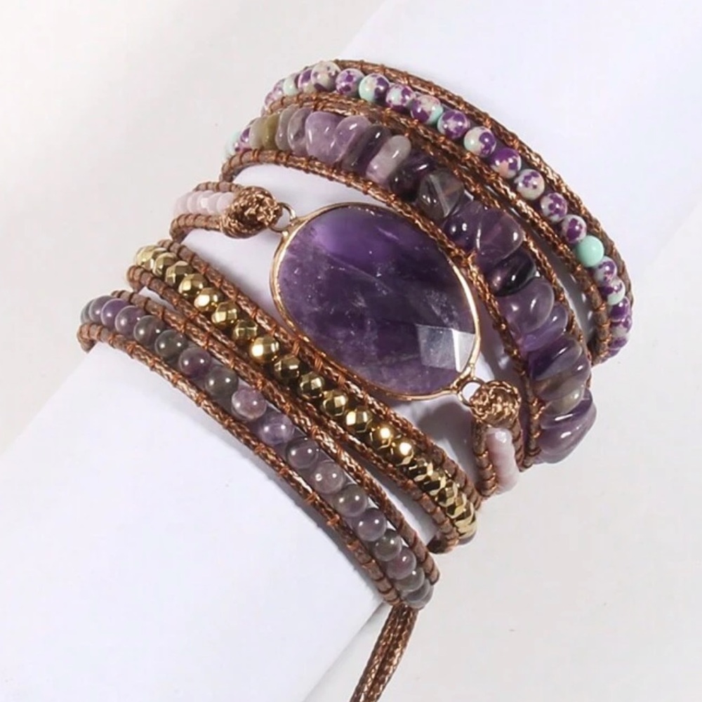 Mix Purple Amethyst and Leather Beaded Stone Wrap Kelly Bracelet